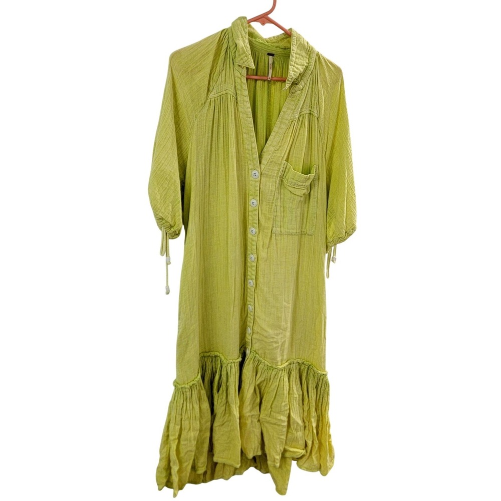 Free People Maya Midi Shirt Dress Womens Small Green Gauze Ruffle Hem Boho